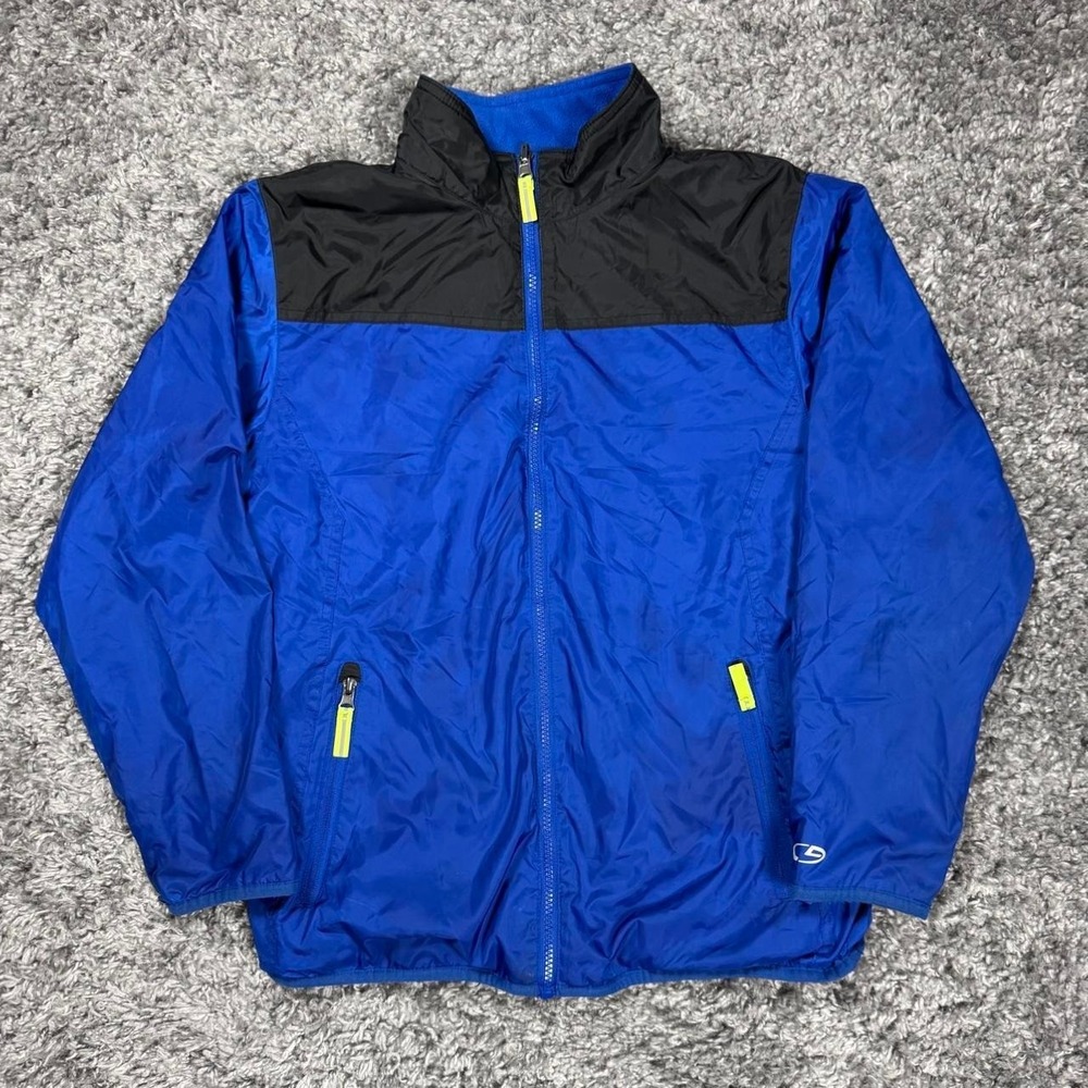 Champion blue & black windbreaker jacket with yellow zipper accents, Size YouthL